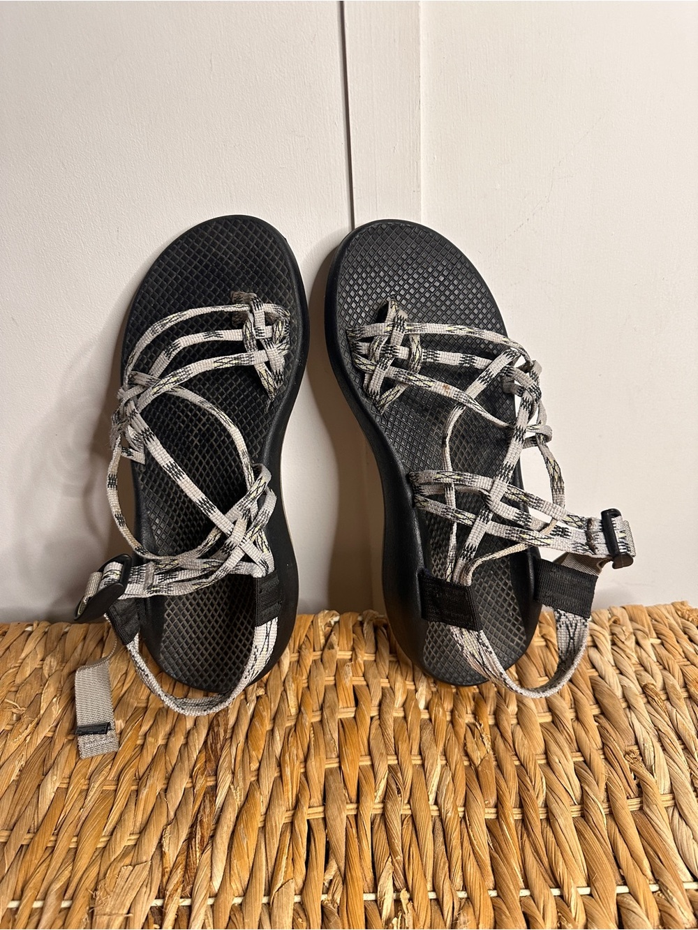 Chaco Women's Strappy Black Sandals with White Patterned Webbing‎